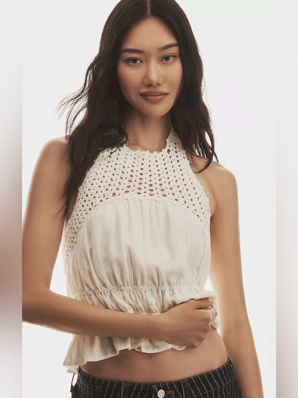 Sarah Hann Anthropologie | ivory crochet ruched halter tank top bohemian L NWT
